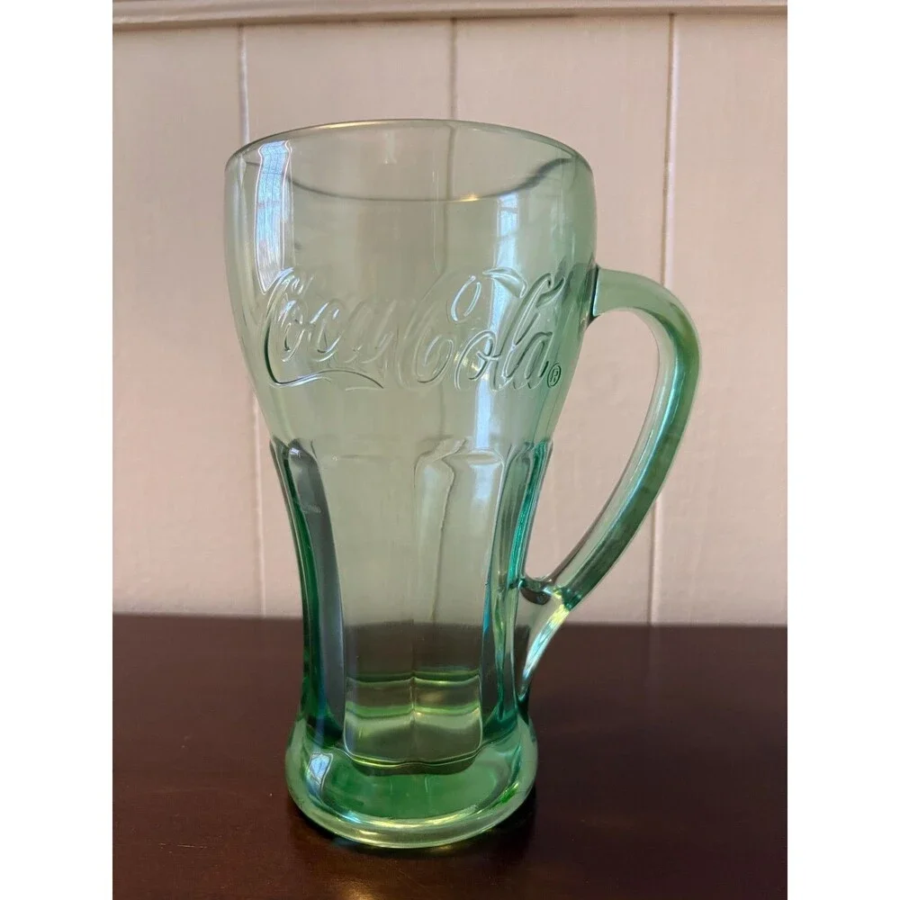 Vintage Coca Cola Libbey Glasses Set of 2 Green Handle Blue Tinted Coke